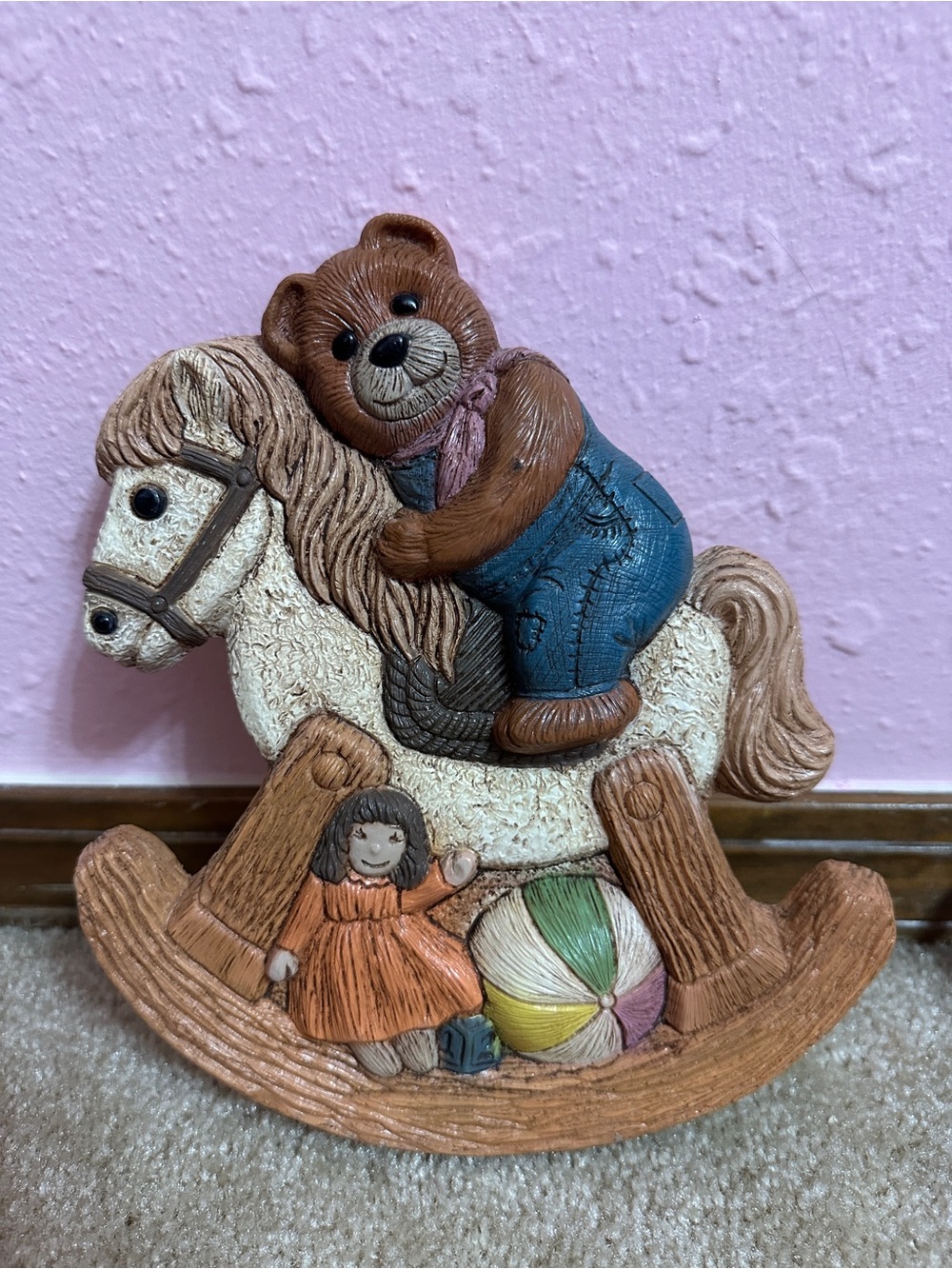 VTG - 1986 HOMCO Frankies Designs Bear on Rocking Horse Baby Nursery Wall Plaque